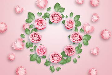 Pink roses and green leaves against a pink background. flat lay, copy space, Mixed media, top view.