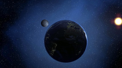 Sunrise over the earth with moon. Elements of this image furnished by NASA.