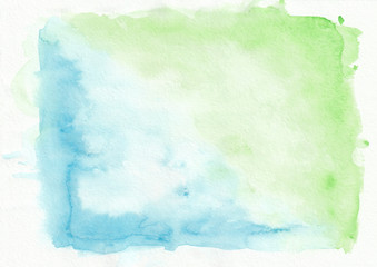 Green and blue mixed watercolour horizontal gradient background. It's useful for greeting cards, valentines, letters. Abstract art style handicraft surface