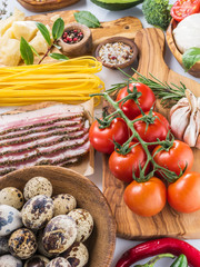 Variety of popular Italian food on white background. Top view.