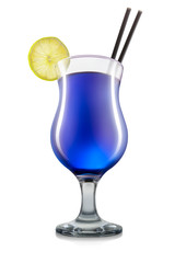 Blue curacao cocktail or mocktail in hurricane glass with lemon and black straw isolated on white background. Clipping path