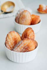 French cake madeleine on white dish.