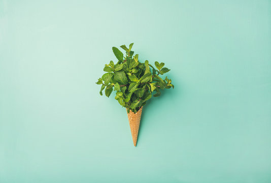 Fototapeta Flat-lay of sweet waffle ice-cream cone with bunch of fresh green mint over pastel mint background, top view. Spring or summer mood concept