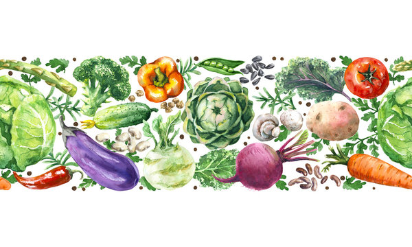 Watercolor Vegetables Horizontal  Seamless Pattern