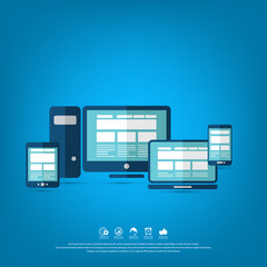 Set of devices icons. Set of devices icons. Devices isolated on background. Icons: computer screen, laptop, tablet pc, smartphone, electronic book - stock vector illustration