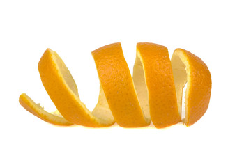 orange peel twisted into a spiral isolated on white background