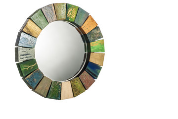 Handmade mirror in a wooden toned frame texture cracked paint