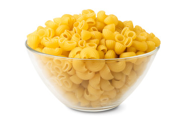 Pasta in glass plate on a white, close up.