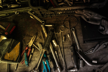 Mechanic tools on dirty work table