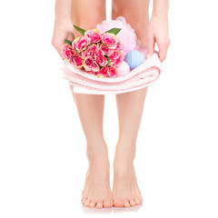 Female feet legs towel flowers bath sponge bubble bath beauty spa