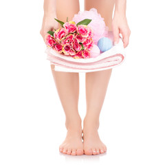 Female feet legs towel flowers bath sponge bubble bath beauty spa