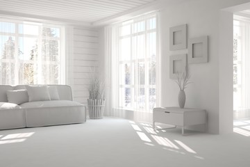 White room with sofa and winter landscape in window. Scandinavian interior design. 3D illustration