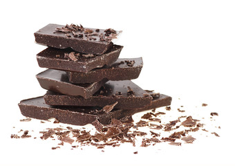 Broken chocolate bar, white background