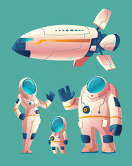 Vector spaceman family, people in spacesuit - woman, man, child with space ship, shuttle. Colonization concept, colony on planet, star. Cosmonauts, astronauts in futuristic clothes © vectorpocket