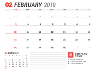 Calendar template for February 2019. Business planner. Stationery design. Week starts on Sunday. 2 Months on the page. Vector illustration