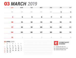 Calendar template for March 2019. Business planner. Stationery design. Week starts on Sunday. 2 Months on the page. Vector illustration