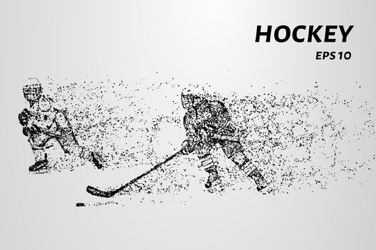 A hockey game consists of points. Particles in the form of a hockey player on a dark background. Vector illustration. Graphic concept of hockey.