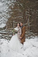 Portrait of the bride and groom around fallen trees overgrown with pine