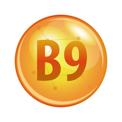 Vitamin B9 capsule. Vector icon for health. Gold shining pill.