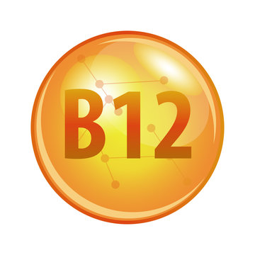 Vitamin B12 capsule. Vector icon for health. Gold shining pill.