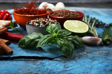 Spices and herbs on table. Food and cuisine ingredients.