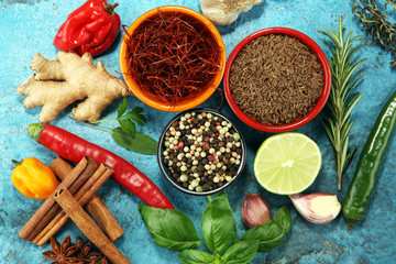 Spices and herbs on table. Food and cuisine ingredients.