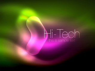 Blurred arrows in dark space. Neon pointers, glass glossy design, abstract shiny techno background, web banner