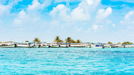 View of boats in the port of Male, Maldives. Copy space for text.