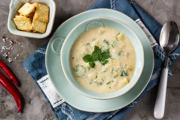 Chicken and potato chowder soup with green in bowl
