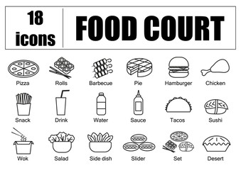 Food court set of icons, line, vector. Delivery of food, menu site.