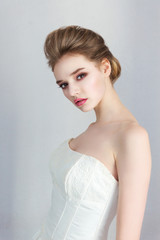 beauty woman, portrait of girl with beautiful makeup looking down