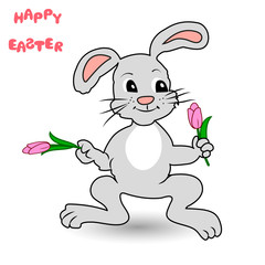 Funny Easter rabbit with tulips in his paws.