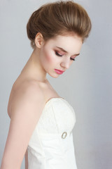 beauty woman, portrait of girl with beautiful makeup looking down