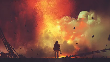 Zelfklevend Fotobehang dappere brandweerman met bijl staande voor angstaanjagende explosie, digitale kunststijl, illustratie schilderij © grandfailure