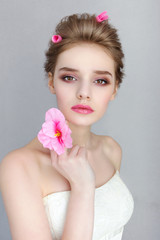 beauty woman, portrait of girl with beautiful makeup looking down