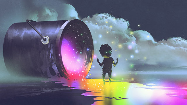 fantasy illustration showing a big bucket lying on surface and a cute creature standing on puddle of colorful paint, digital art style