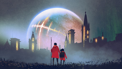night scenery of man and his daughter looking at mysterious castles against glowing planet, digital art style, illustration painting
