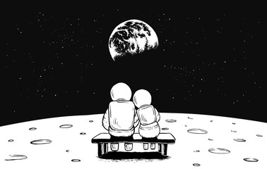 Astronaut girl and boy look to the Earth from the Moon.Space vector illustration - 198536256