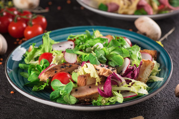 Fresh vegetable salad with grilled chicken breast - tomatoes, radish and mix lettuce leaves. Chicken salad. Healthy food. Black background. Top view
