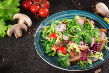 Fresh vegetable salad with grilled chicken breast - tomatoes, radish and mix lettuce leaves. Chicken salad. Healthy food. Black background. Top view