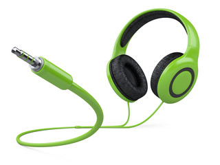 Green headphones with wire and 3.5 mm jack plug.