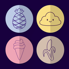 Obraz premium icon set of kawaii cloud and cute concept over colorful circles and blue background, vector illustration