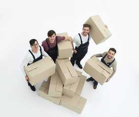 Delivery men with cardboard boxes on white background.