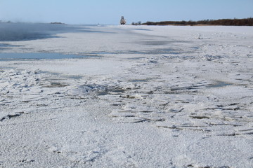 The Sheksna river in Vologda region in the cold winter.