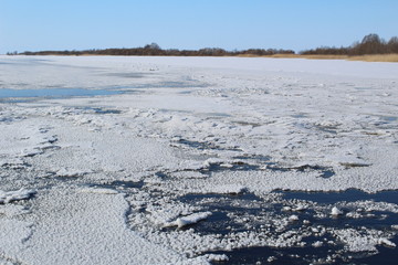 The Sheksna river in Vologda region in the cold winter.