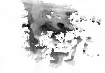 Gray abstract watercolor stains with spatters and splashes. Creative black and white watercolor background for trendy design
