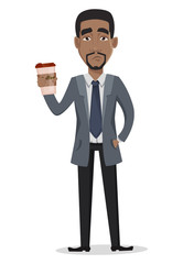 African American business man.  Sad cartoon character with coffee