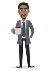 Obraz premium African American business man cartoon character with a cup of coffee