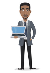 African American business man cartoon character holding laptop