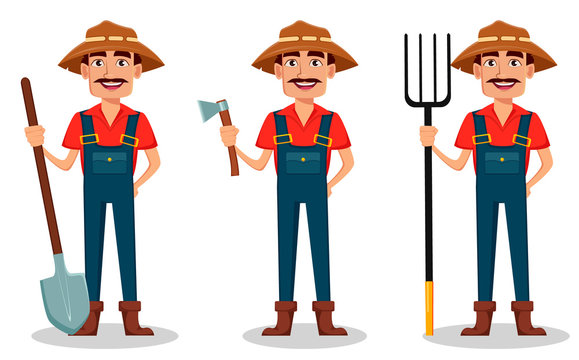 Farmer cartoon character, set with shovel, with axe and with pitchfork